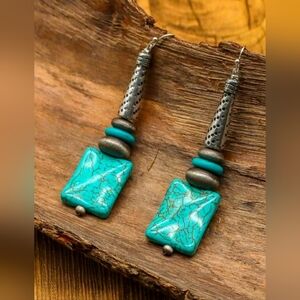 Western Faux Turquoise Dangle Earrings with Textured Accents Bohemian